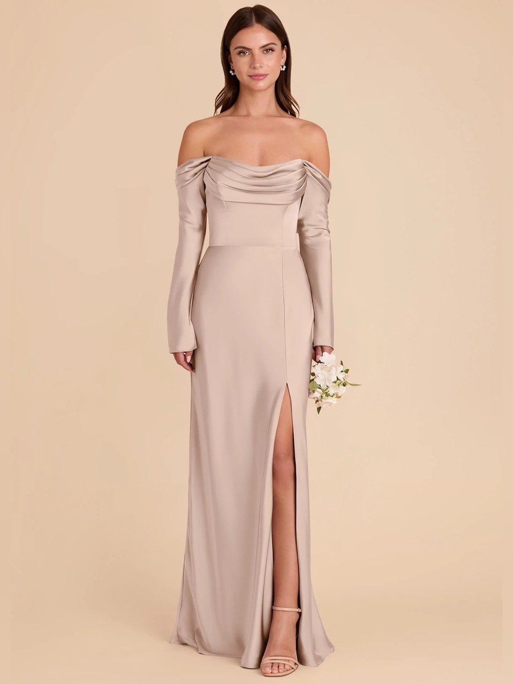 Birdy Grey Maya Matte Satin Taupe Off the Shoulder Dress